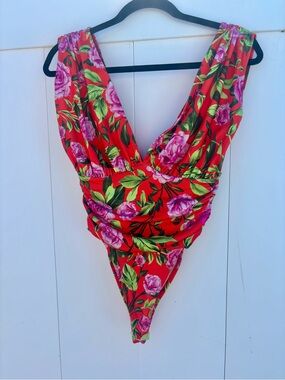 Zara Orange Floral One-Piece Swimsuit with Pink Roses